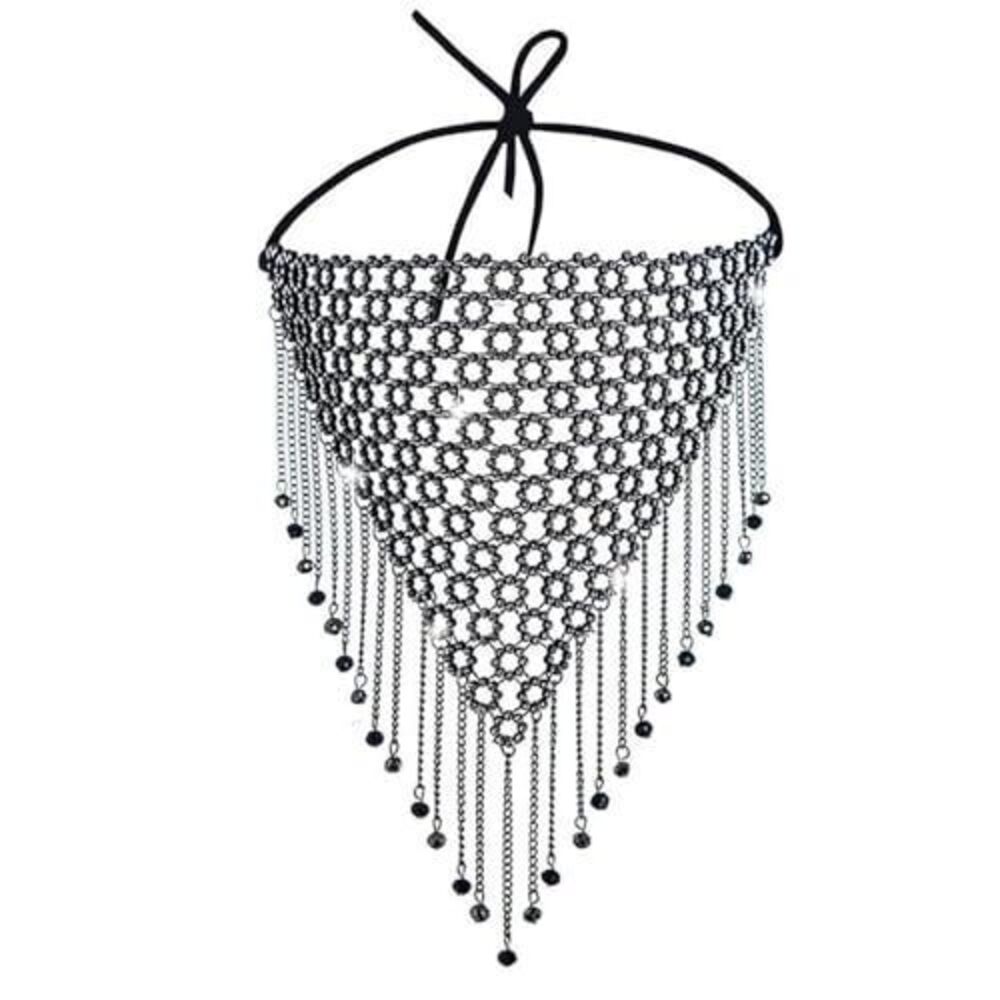 9156 Sparkly Rhinestones Mesh Mask,Tassel Beads Chain Masks,Crystal